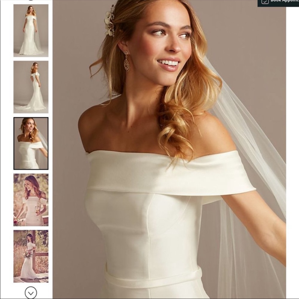David’s Bridal off-shoulder mikado trumpet wedding dress in ivory